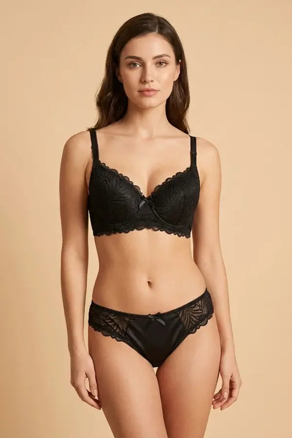 5533 Women’s Stylish Lace Bra & Panty Set – Elegant Balconette Lingerie Black